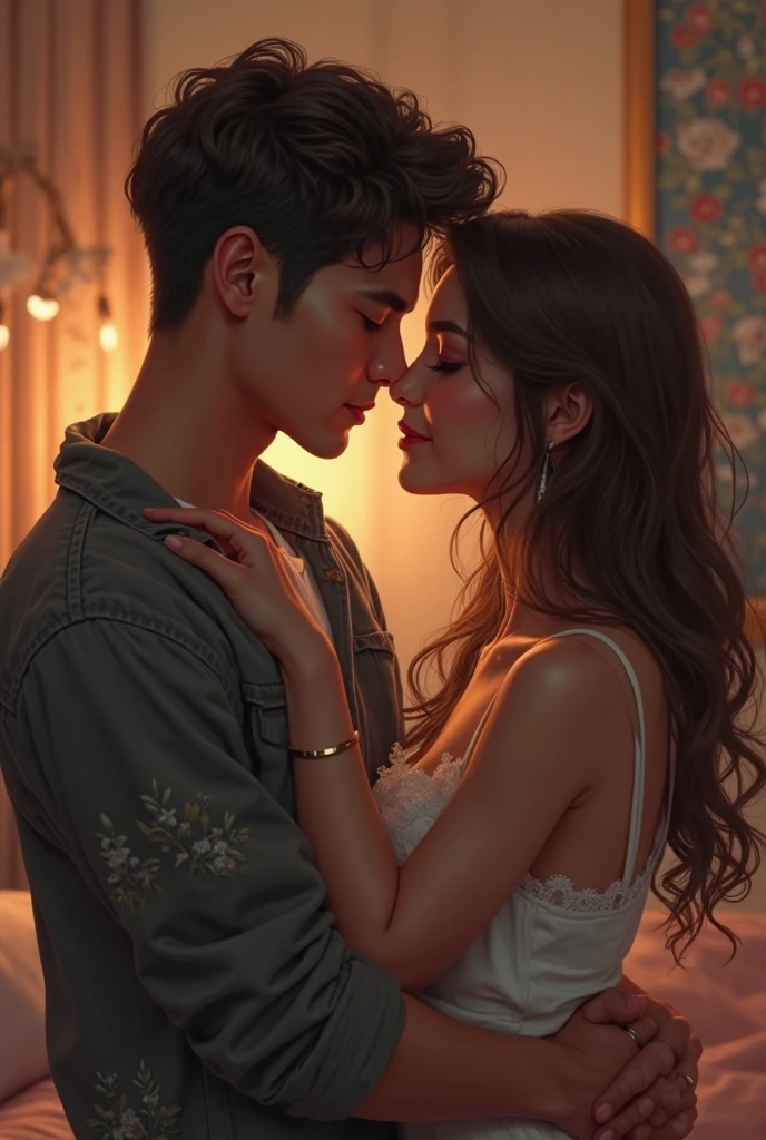Amazing portrait of a young boy and woman passionately making out and kissing each other's lips touching and hugging tight and both are blushing intensely with their eyes closed in bed during night time and candles are lit