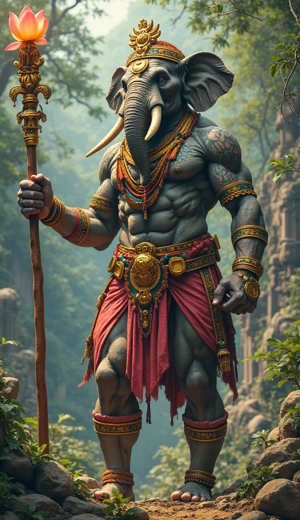 A great extremely muscular warrior with the head of an elephant, gray leathery skin, golden armor, jewels, spear, shield, background jungle with vibrant flowers, wet, humid, (misty 1.3), ink, stylized, highly detailed, art, fantasy, vibrant colors