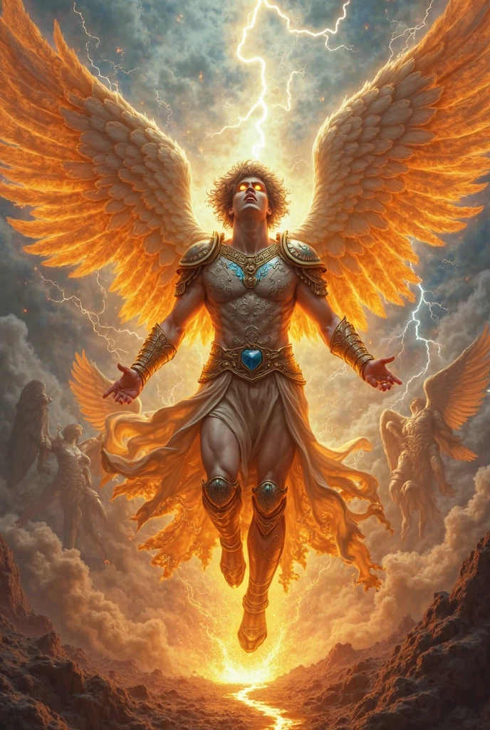 An image like a tattoo, a winged angel, a man dressed in a linen robe, and his loins were girded with a golden Ufas belt. His body was like topaz, his face shone like lightning, his eyes were like burning torches, his arms and legs shone like polished brass, his abdominal muscles. 2:3