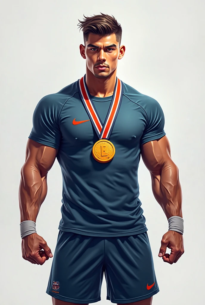 Generate A Picture Of A Swimmer in full kit Holding A Medal to the chest With "deloitte " on the swimsuit,  i want the full stop after "deloitte" to have a green color.