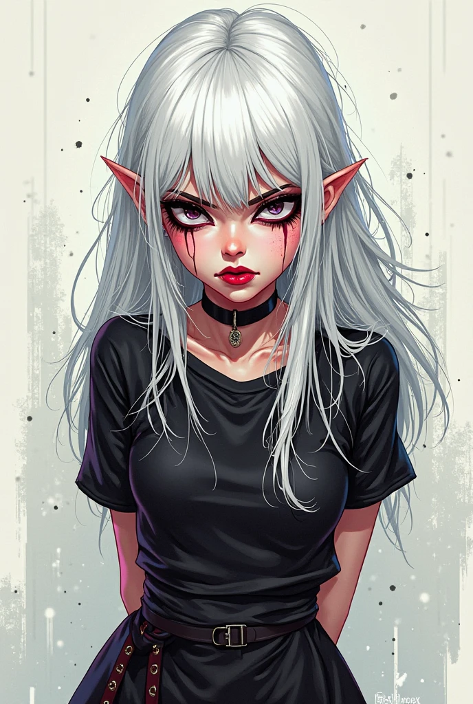 score_9, score_8_up, source_anime, 1girl, solo, Frieren, green eyes, white hair, long hair, twintails, thick eyebrows, earrings, black shirt, t-shirt, black choker, goth, eyeliner, eyeshadow, <lora:ChamFrierenPonyXLCame-000008:1>
