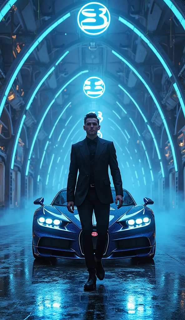 A frictional man with white and blue eyes with grey coloured suit sit on the bonut of Mc laren with both doors open