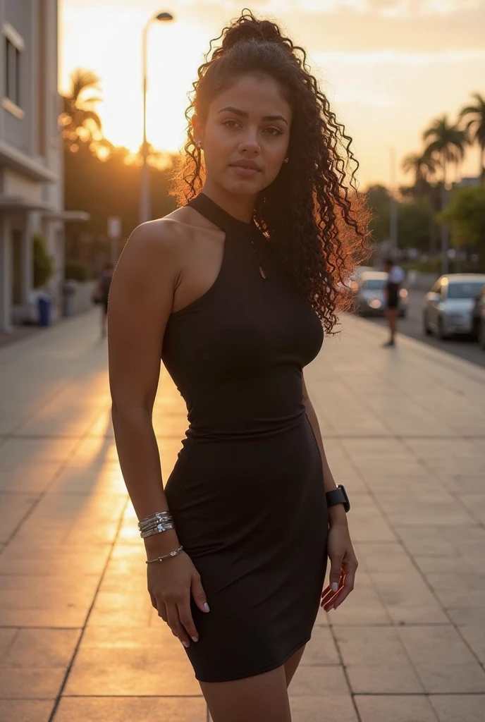 A white woman, slightly fat and beautiful, with curly hair and big lips, wearing a black dress and thin and long socks
