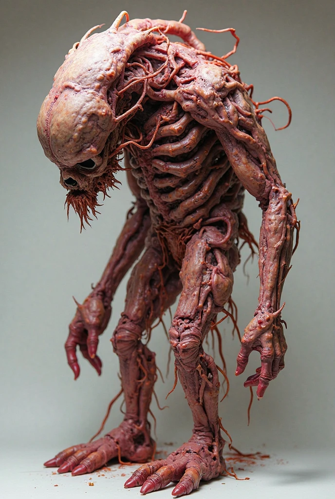 A bizarre, unsettling scene of a reality constructed entirely from meat, flesh, organs, and blood. The landscape is a grotesque mix of limbs, entrails, and veins that form a twisted, nightmare-like environment. Distorted humanoid figures made of flesh and blood are seen wandering through this macabre world, their expressions a mix of horror and confusion.