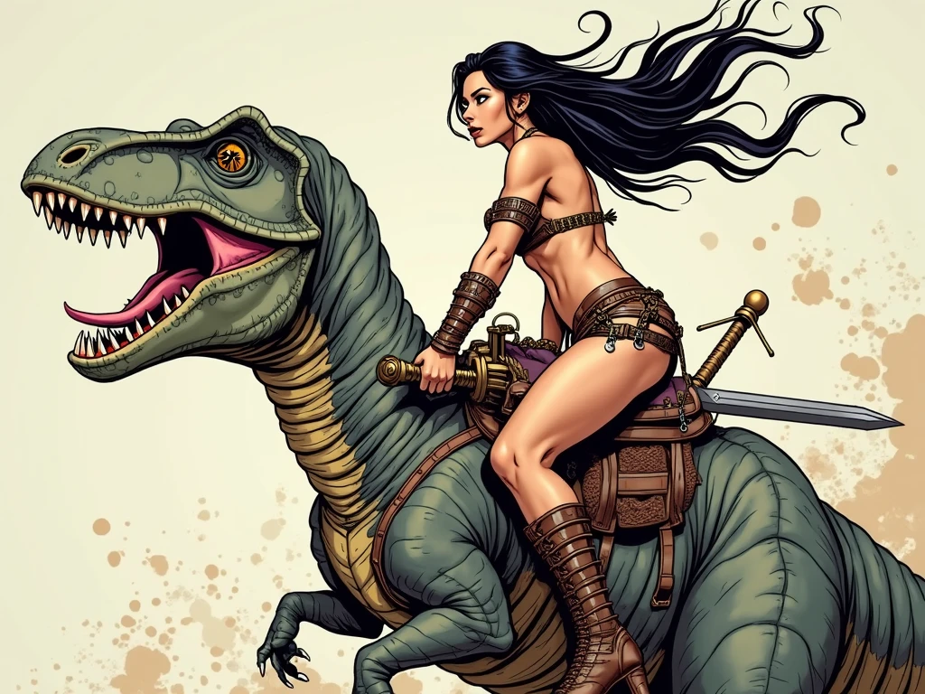 ((8k UHD high detail)) A scene featuring powerful and alluring women in the distinctive style of Boris Vallejo, surrounded by intricately detailed dinosaurs. Capture the dynamic poses, muscular forms, and fantastical elements characteristic of Vallejo's art. Ensure the depiction is rich in detail, with vibrant colors and a sense of fantasy. Explore the contrast between the strength of the dinosaurs and the captivating presence of the women. Suggested themes could include mythical landscapes or epic battles. Colors: bold and vibrant. Suggested artists: Boris Vallejo