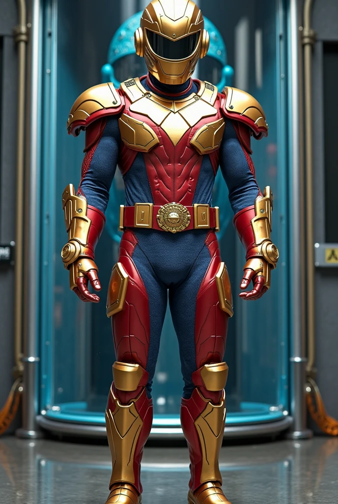 Male,Malaysia Superhero,suit teknology,with helmet mask,the suit red ,white and royal blue and have royal yellow star with crescent moon