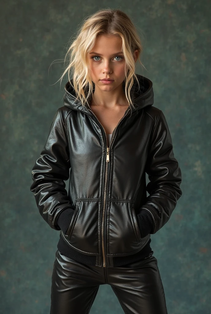 Russian style, kids girl, portrait, long blonde hair with red leather jacket and black outfit, background with amps and guitars, and fire.
