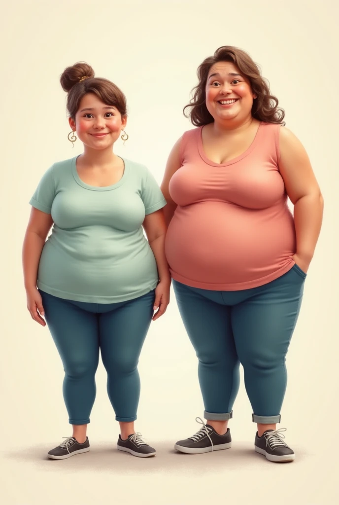 Two women are obese and overweight, weighing 150kg, with lots of belly fat, they are obese with huge bellies, 4K quality, low angle