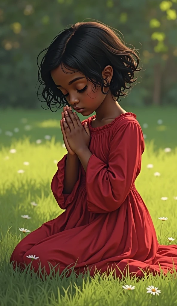 ((an girl)) schoolgirl in prayer, Wears pants ((white school shelter,)) and yellow tracksuit jacket and green sleeves, she has black curly hair , she is kneeling on the lawn next to the picnic basket hyper realism, in the background a lake and the boys out of focus.