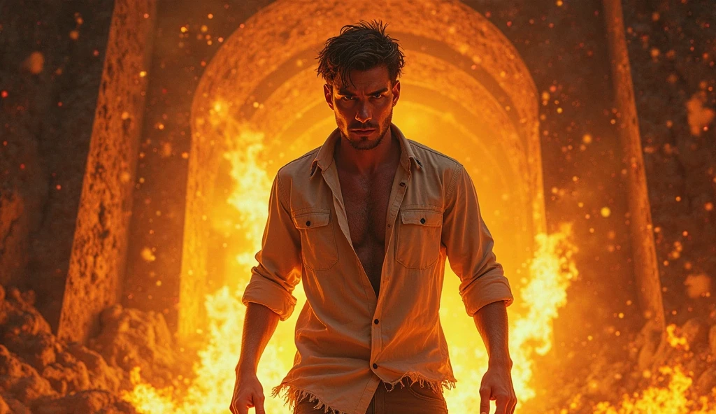 a man standing in front of a door with fire coming out of it, fire behind him, body made of fire, on fire, (fire), surrounded with fire, set on fire, house on fire, housefire, fires!! hyperrealistic, with fire, by Adam Marczyński, by Harrington Mann, standing in fire, burning, fire!! full body, Faraway and old amusement park behind tall trees. Eerie vibe, Fire and smoke, A shirtless Silhouette of a young man in flames 