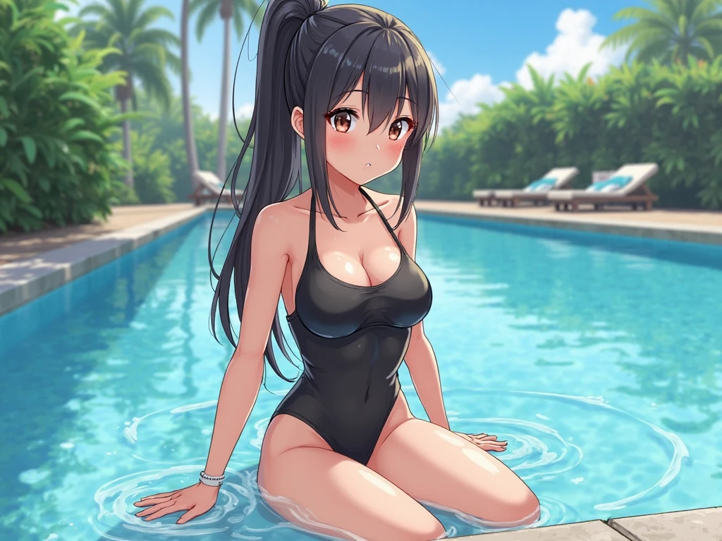 A Japanese schoolgirl wearing a school swimsuit