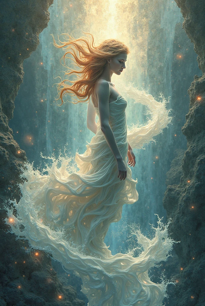 To create a realistic ager with magnificent details floating above a waterfall in the moonlight of a beautiful night
