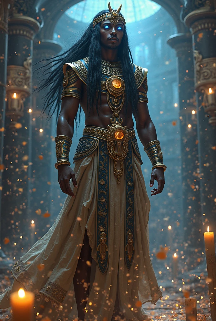 masterpiece, high quality, best quality, beautiful, hd, realistic, perfect lighting, detailed face, detailed body, 1 man, solo, black short hair, blue eyes, brown skin, Belly dancer's costume is gold and black, Castle background, Belly Dancer Boy, Sissy boy, Graceful, Looks charming
