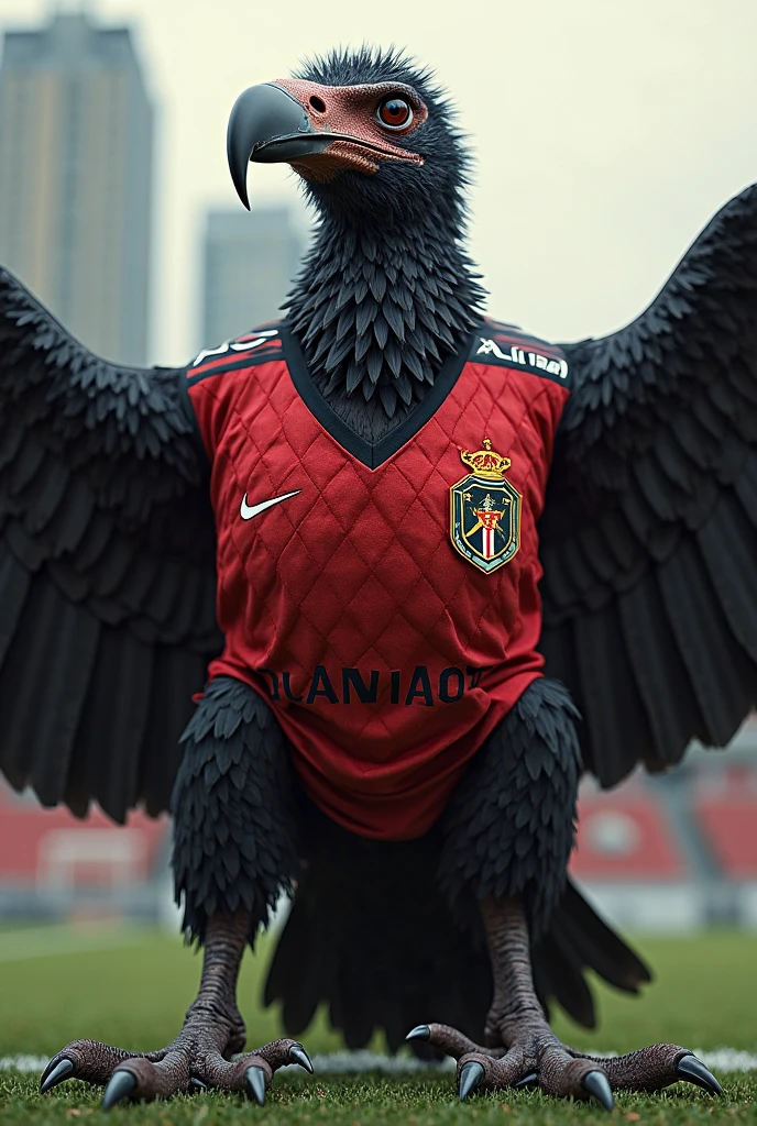 a vulture in a red-black shirt holding a rooster dressed in the colors of Atlético Mineiro in its mouth.