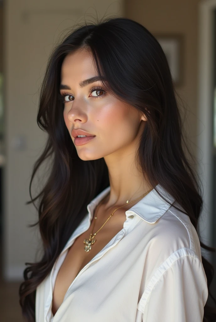 High-resolution, cinematic frontal portrait of the radiant and captivating Lydia Grace, a 32-year-old woman with an oval face that exudes elegance and charm. Her delicate and feminine features include a long, smooth face, cascading down her shoulders with flowing black hair. Her hypnotic light brown eyes, like honey, are filled with intelligence and warmth, perfectly balanced with an elegant nose and softly defined cheekbones. Her radiant smile is contagious, illuminating the room with its natural plumpness and rosy color, adding a touch of fascination to her already captivating presence.
Lydia takes great care of her