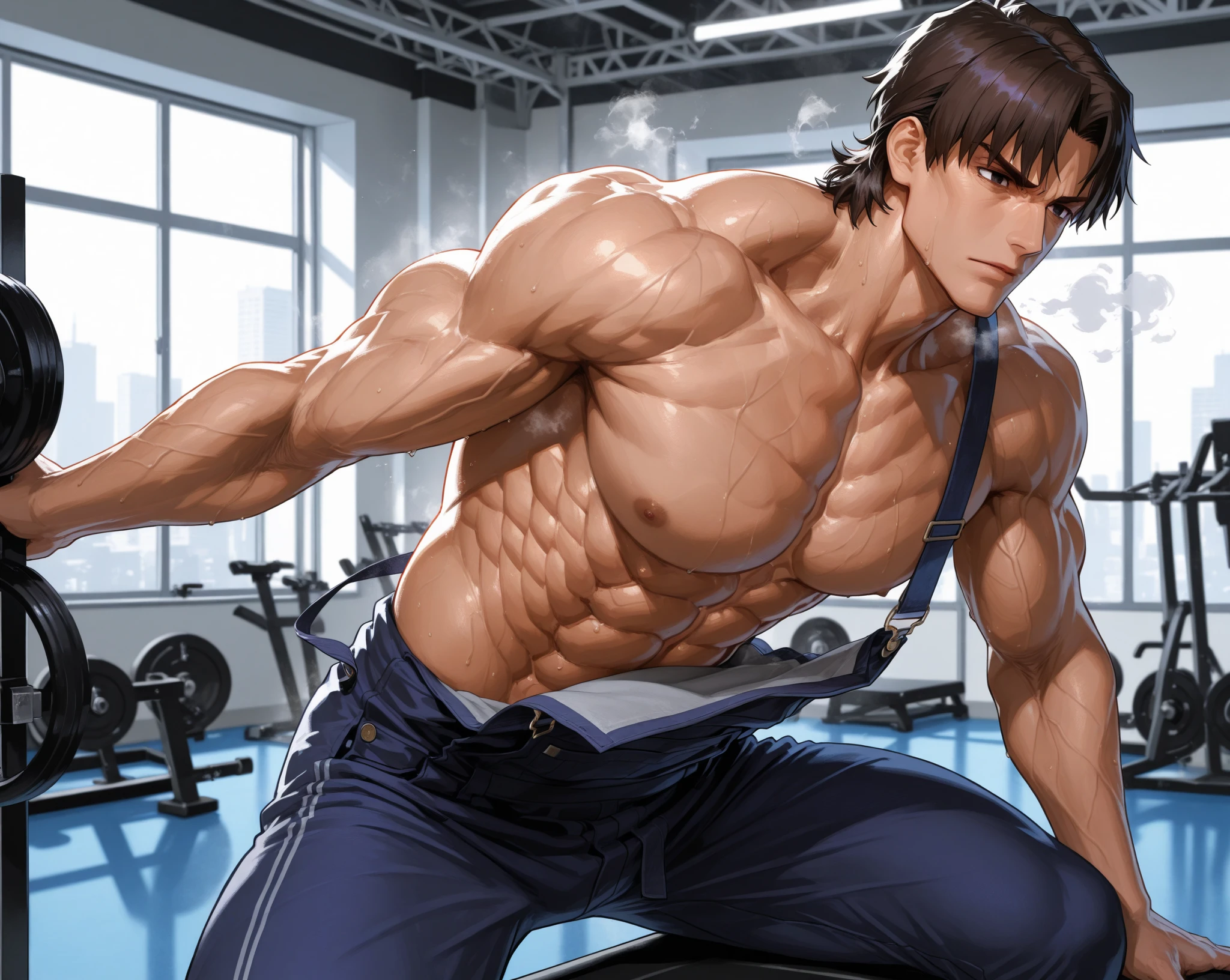 Roy Mustang de Full Metal Alchemist, body builder, wearing no shirt, sensuous, Abdomen, large legs, large breasted