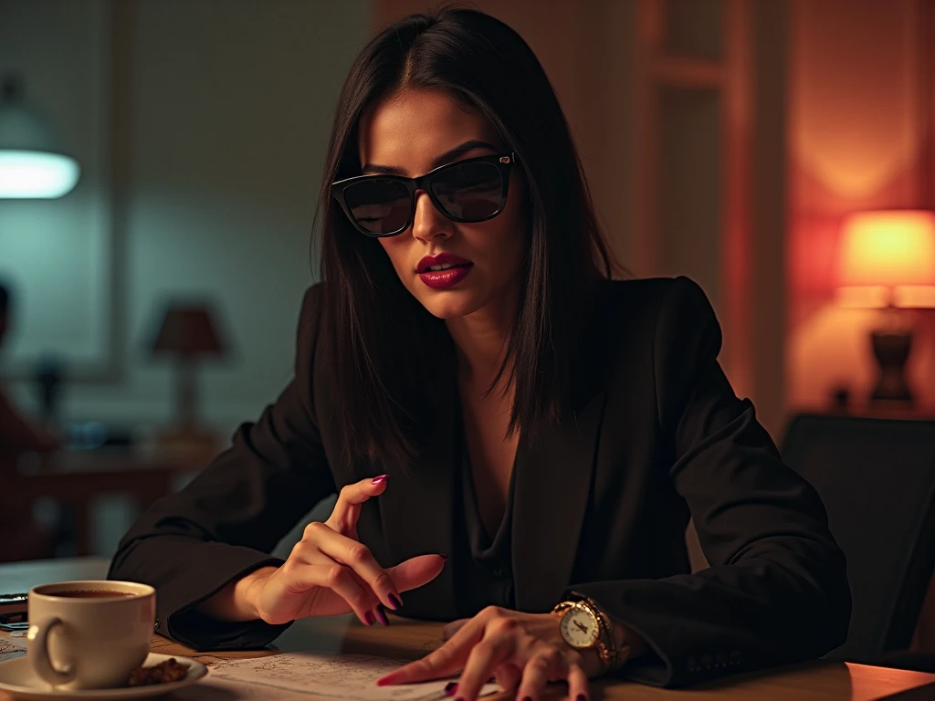 social maffia, bureau, Tinder photo of lawyer (Woman) with black sunglasses, extrem light from lamp, dark room