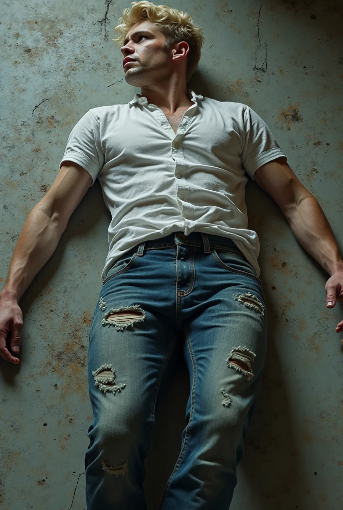 a man is sleeping on the floor , wearing a open shirt and a jeans, left hand is on his chest, right hand is on the floor