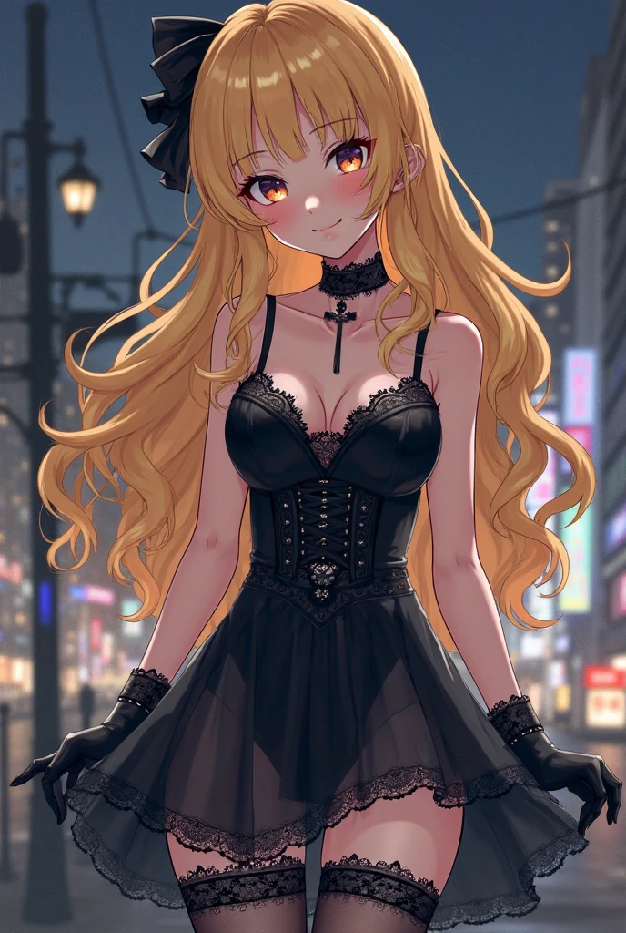 Anime model, woman, blonde, long hair with bangs, white, with dark brown eyes, thin, medium breasts, not much thigh, Black mini skirt, black corset, shocker at the neck 