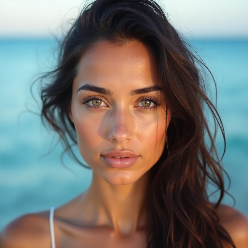 naked woman with extremely blue eyes, black hair, with a toned, athletic body and completely naked