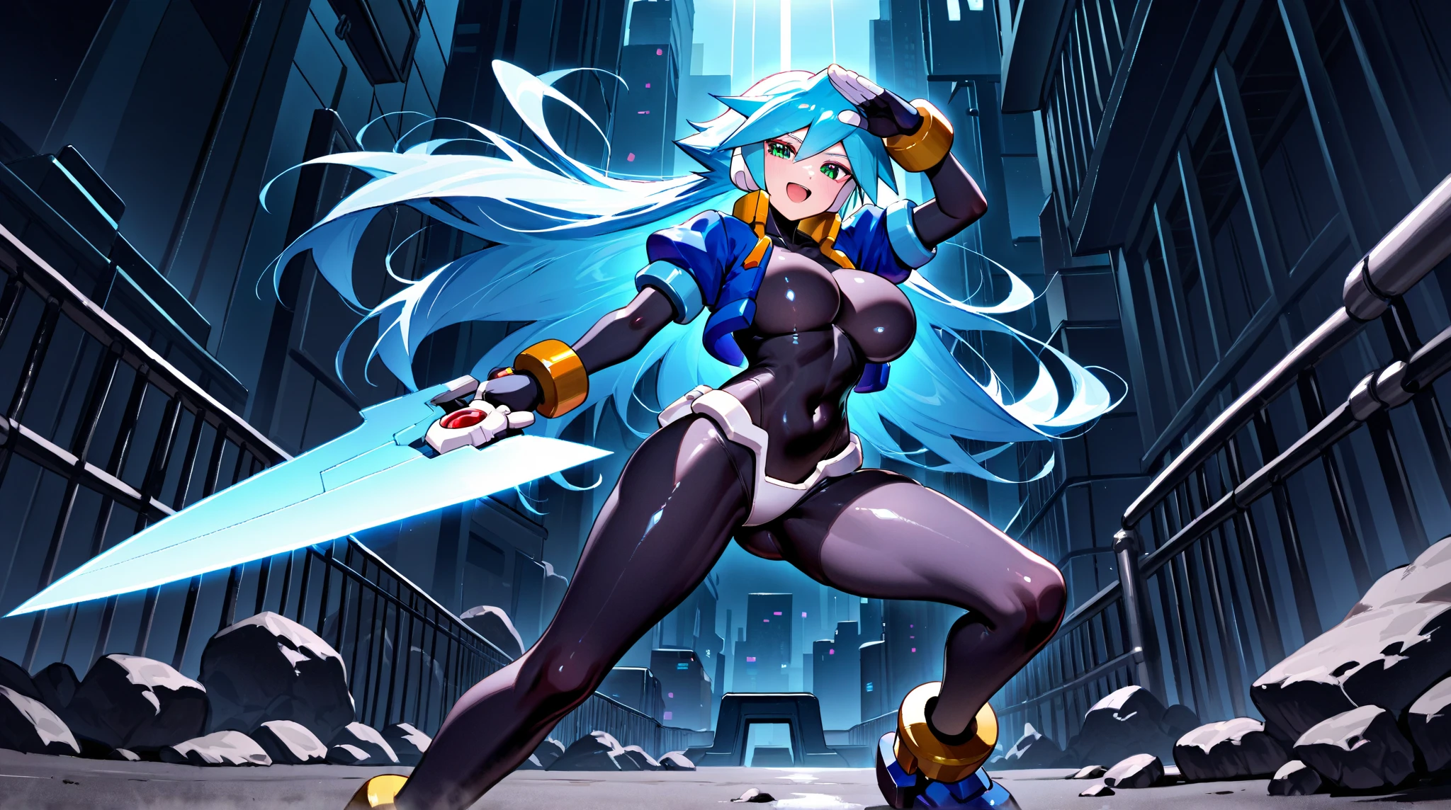 Create a 64k Unreal Engine image in the style of Mega Man-X fused with the styles of Mortal Kombat and Marvel. The image should feature a full-body photo of a skeleton+zombie hybrid holding swords and grinning menacingly at the viewer. The character should be modeled after a woman dressed as Mega Man-X/Spider-Man with blue hair, red eyes, and skin-tight clothing. The background should be a spooky cemetery on a rainy night.