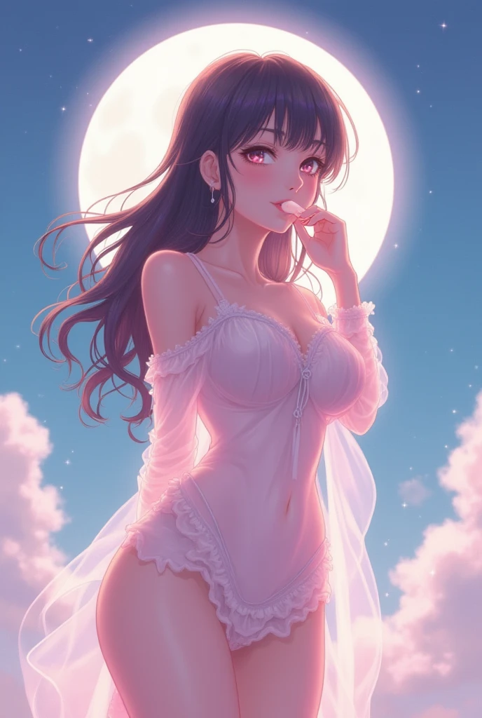 full nude,exposure of skin,Tsukino Usagi,sailor moon, 1 girl, (Magical girl:1.4), dark brown long hair, (Gold Opal Eyes), (crystallization, Sparkling bokeh), Transparent sailor scout uniform, (big breasts:1.25), cleavage, wide hips, small waist, tanned skin, clavicle, parted lips, compensate, blush, shiny skin, night, reflection, full moon, moonlight, Rose,orgasm,ecstasy,exposing a nipple