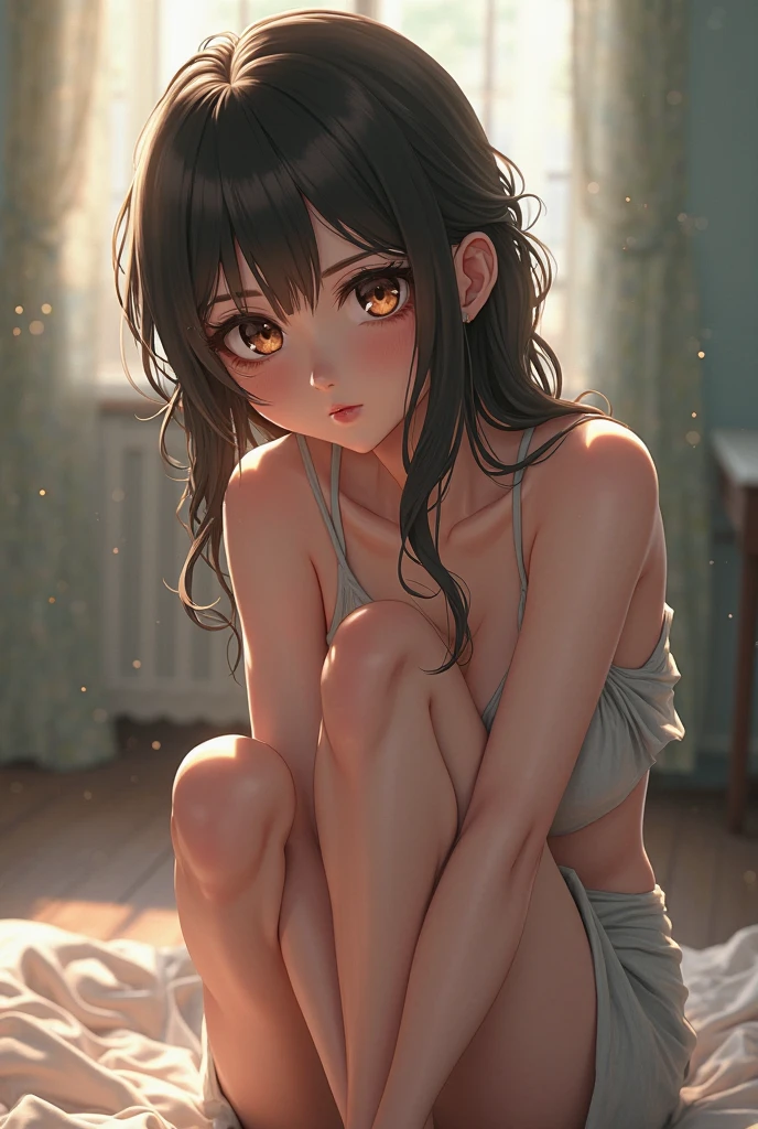 ((masterpiece,Highest quality:1.3,best quality illustration)),realistic,nsfw,after sex,cowboy shot,独奏,1woman,(18 year old beauty),dark brown hair,long hair,bangs,brown eyes,gorgeous eyes,(very small head:1.3),crying,Heavy breathing,(very long body:1.2,skinny),medium breasts,(White camisole)、navel、((Navy blue pleated mini skirt)),Wet crotch、barefoot、sweat,gleaming skin,toned body,slender body,walk,on street,Shibuya、neon、at night、World of Blade Runner、
