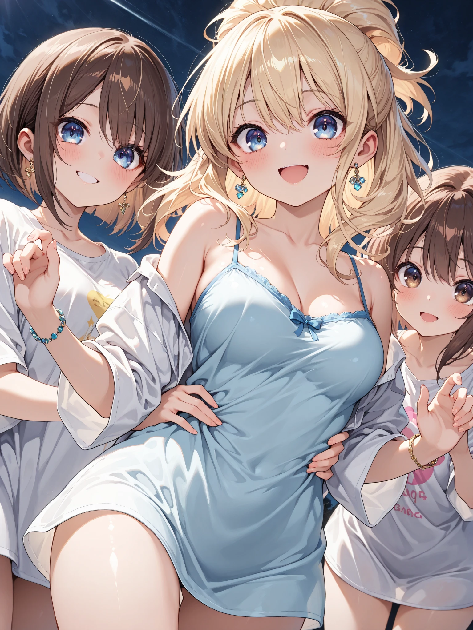 blond Silver hair,blue pink eye,(((Three beautiful girls,))((the s princess))),blunt bangs,twin drills, blushing face, and shyly glaring at her.Heavy breathing,saliva, sweat, Sweaty and wet all over,Thick and lips,((Perfect body,))((Super beautiful,))((High quality,))((very small breast)),((little girl)), young body,, ((princess dress that exposes a lot of skin)), ((not wearing underwear,)) thigh-high socks, and garter belts,see-through, Looking at Viewer,small breast,Sweaty body, loveJuice dripping from her crotch,(Three beautiful girls,She turns her back and sticks out her butt to show off,)Rough breathing, sweaty body,Blushing, looking shy and glaring at me,nipple,