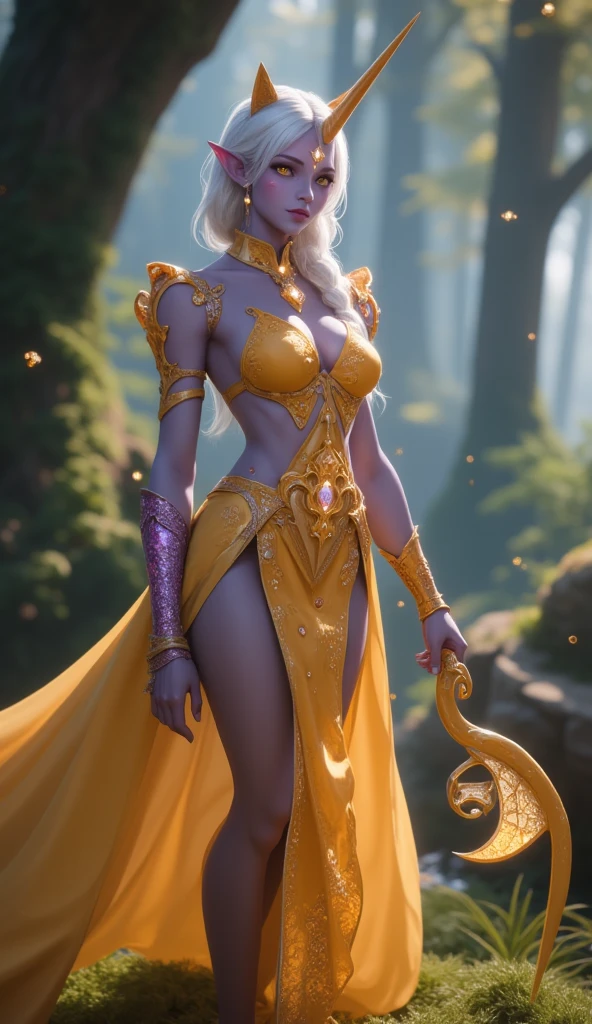 (masterpiece, ultra quality, high resolution, 8k, intricate: 1.2). female celestial elf, ((with only one large horn), (the horn is in the center of her forhead)), looking up, extreamely (beautiful face features,yellow eyes:1.4) ((holds in one hand a large magical staff that ends with a large crescent moon)), her staff is made of silver and copper with fine golden decorations, flowing white and fair yellow transparent cloths, healer mage, anatomic, (fair purple skin, triabal tattoo:1.4), beautiful golden crescent moon earringswith sapphires, the silent forested, mysterious, fantasy art, Donato Giancola, craig mullins, parth, masterful strokes legendary