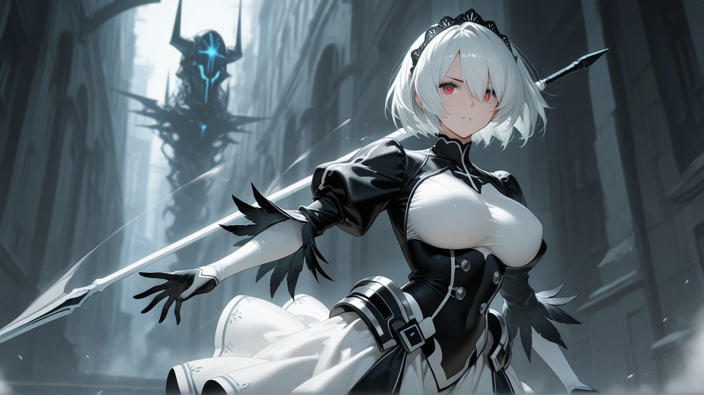 Girl small short thin in knight maid costume short hair, silver-colored hair, large nipples are visible in the hands of a large two-handed sword 