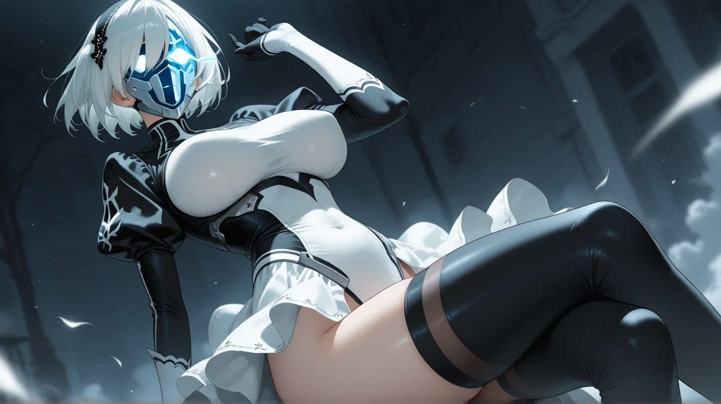 masterpiece, high quality, high detail, 4k, rtx, high resolution,1girl, blue_streaked_hair,hair_over_one_eye, blue_eyes,very long hair,braid,white hair_ornament,white skin,black nail_polish, solo,long sleeves,((black bandeau:1.3)), clothes lift, strapless, microskirt,thighhighs,thighs,: o,cute face,(pov:1.2),(facing viewer:1.2),(Well-shaped and firm huge breasts, developed huge breasts:1.3),(underboob:1.2),bursting breasts,happy,stomach, navel,aged_down,(on side:1.2),sitting,arm support, yokozuwari,on bed
