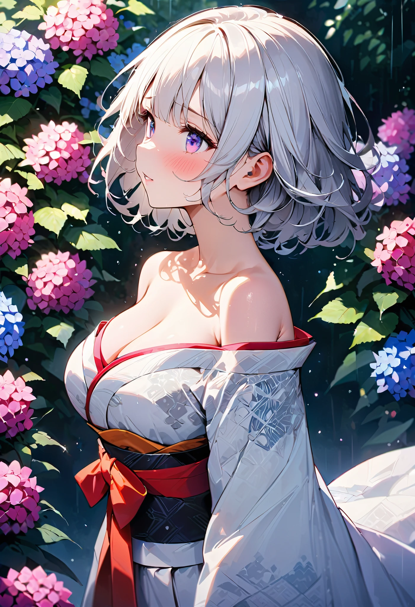 {Low quality, Low quality}, vivid, A colorful illustration of a white-haired female geisha, Embarrassed, blushing cheeks, Big Breasts, ((perfect hand:1.2)), ((zentangle traditional Japanese costume with an open chest embroidered with hydrangea flowers on white fabric)), ((Off-the-Shoulder)), human size, The background creates a dreamy atmosphere, zentangle Bold colors and intricate designs enhance the overall visual appeal, This work is, deepens the character's presence,hydrangea effect, rain is falling heavily surrounding the park, rear view, masterpiece, top quality, Super Detailed, very detailed, 最高品質, 超詳細, 超詳細, 16k,