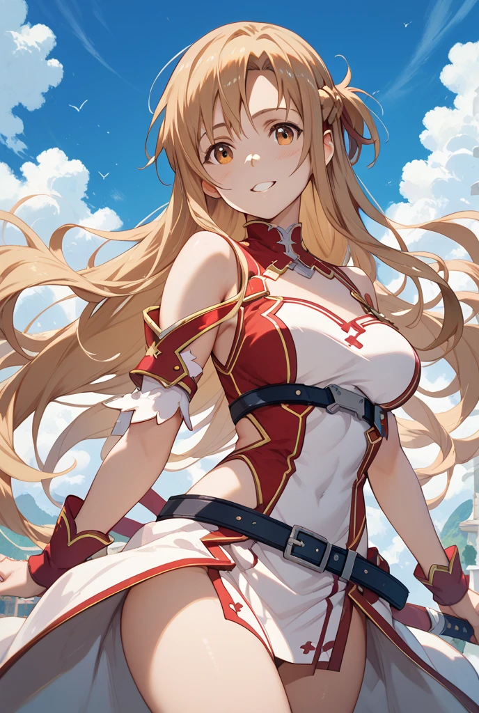 白いdressと赤いストッキングを着た女性が岩の上に座っている、Yuuki Asuna, Beautiful woman in anime style, Highest quality, Perfect ???????, Super detailed, One girl, alone, chest, An athletic body, Good move, Good legs, Knees are good, Night Sky, performer, Long Hair, medium chest, View your viewers, Happy, bangs, Brown Hair, Knee socks, gloves, dress, chestの谷間, Exposing shoulders, Brown eyes, very Long Hair, Crossing your legs, white gloves, white dress, armor, white Knee socks, Garter Straps, white armor,