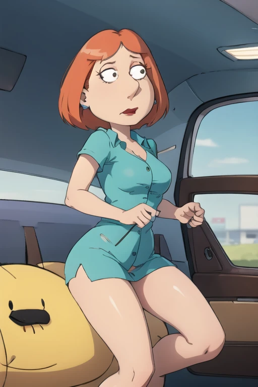 lois,1girl, blue earrings, jewelry, short hair, solo, lipstick, makeup, orange hair, aqua shirt, beige pants,looking at viewer, smile, outdoors, score_9, score_8_up, score_7_up, score_6_up, score_5_up, score_4_up, latex, rubber, latex clothing, shiny clothing, sweat, shiny skin, rubber skin, latex skin, extra shiny clothing, shiny latex clothing, null bulge, crotch bulge, bulge, hard nipples, nulge, big lips, plump lips, bimbo lips, shiny red lips, sadistic smile, solid rubber hair, sex doll mouth, big crotch bulge, big ass, huge crotch bulge, huge bulge, rubber hair, solid hair, perfect eyes, huge lips, horny, armbinder, hair block, arms behind back, bound arms, bondage, high heels, microfoam tape gag, nose hook