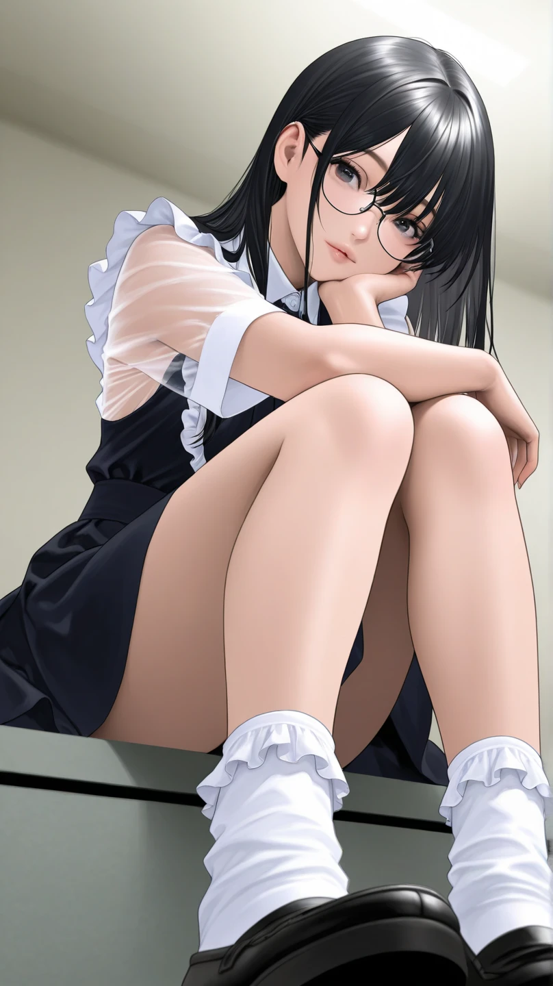 Lineart image of a girl sitting in the middle of a blank background Wearing high socks long white hair, white skin, white clothes, white shoes, white background line art.No colors thick thighs thick facing forward Apply facing down prespective a hot sitting position and bird's eye view prospective line art