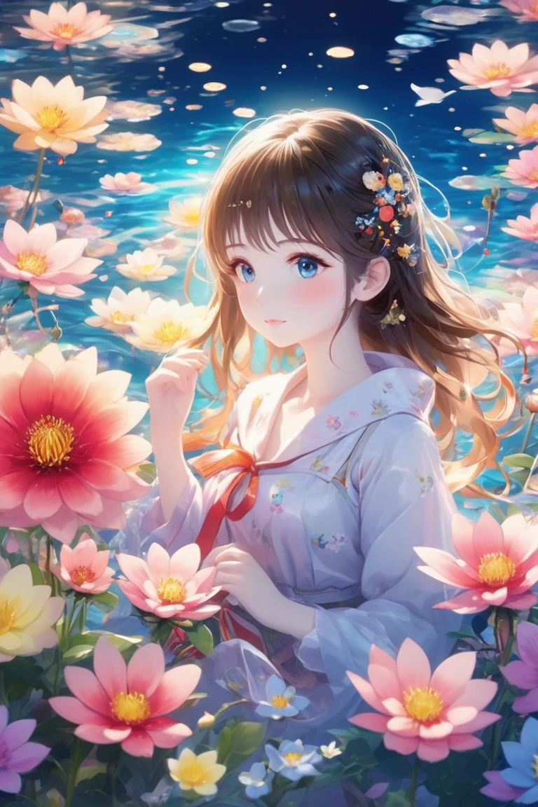 photoRealstic、A smile、Water droplets on the cheeks、In a cute pose、Flowing iridescent silk、up of face、Eye Up、Colorcon with heart pattern、Floral dress、Making a heart with both hands、There are also flowers in the foreground、flower petals、season!!: 夏天☀ 🍂