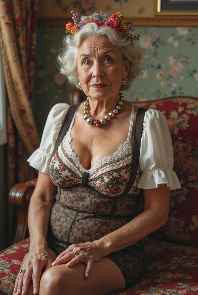 Mature old woman 80 years with white curly hair, plus size, old face and body with many wrinkles, loose skin, big breasts, standing at bedroom posing for photo, She wearing black corset and skirt with large neckline and lace stockings, side view. jaw dropping mature older beauty, old face and body with wrinkles, old face, attractive grandma, a gorgeous old hair, beautiful old grandma, lovely older mature grandma, gorgeous beautiful grandma over 80 years old, beautiful white curly hair grandma, beautiful detailed body and face, a beautiful old granny