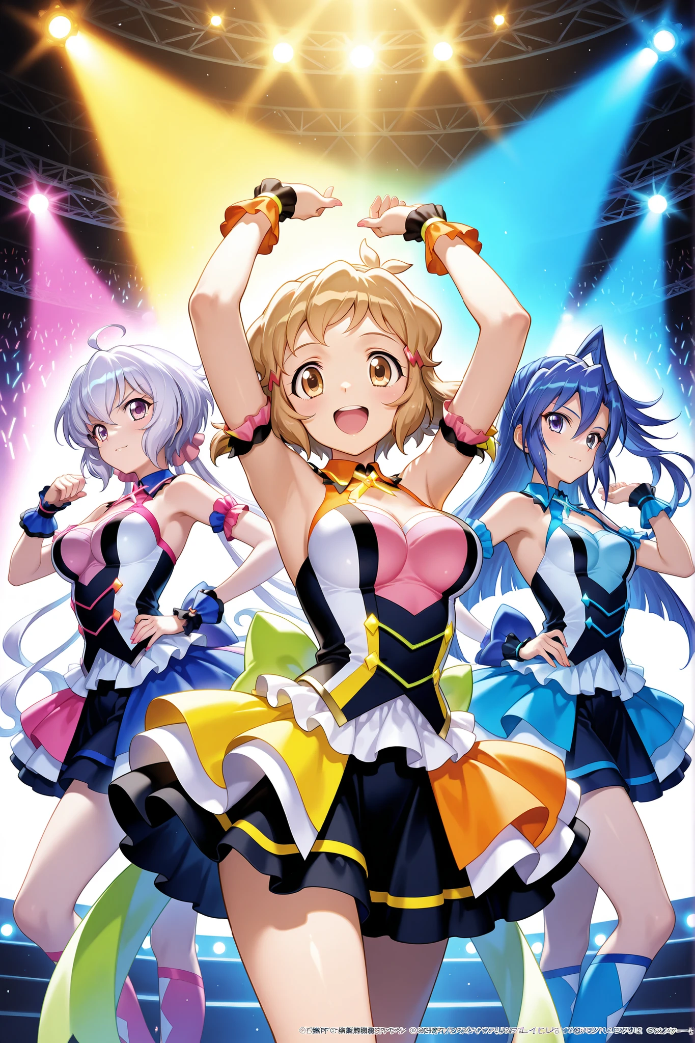 (3 girls):1.2,symphogear,tachibana hibiki,kazanari tsubasa,yukine chris ,Idol Costumes,
colorful, vibrant, Shining Contours ,neon,colorful,official art,viewer, (dancing),Light Powder,neon hair,Rainbow gradient, film lighting,
masterpiece, very aesthetic,4K,dynamic pose,Stage, spotlights, and audience penlights,POV,