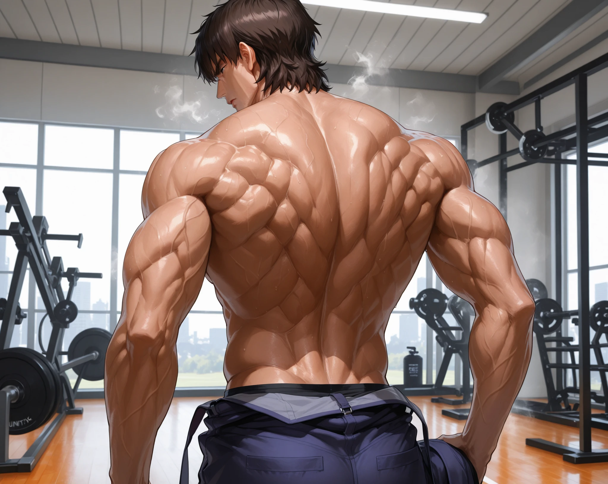 Yuijiro Hanma, Anime character, standing in gym, decorated with demon tattoo. His back has nice and clear muscles. His black hair is wild and unruly, his pants are black.