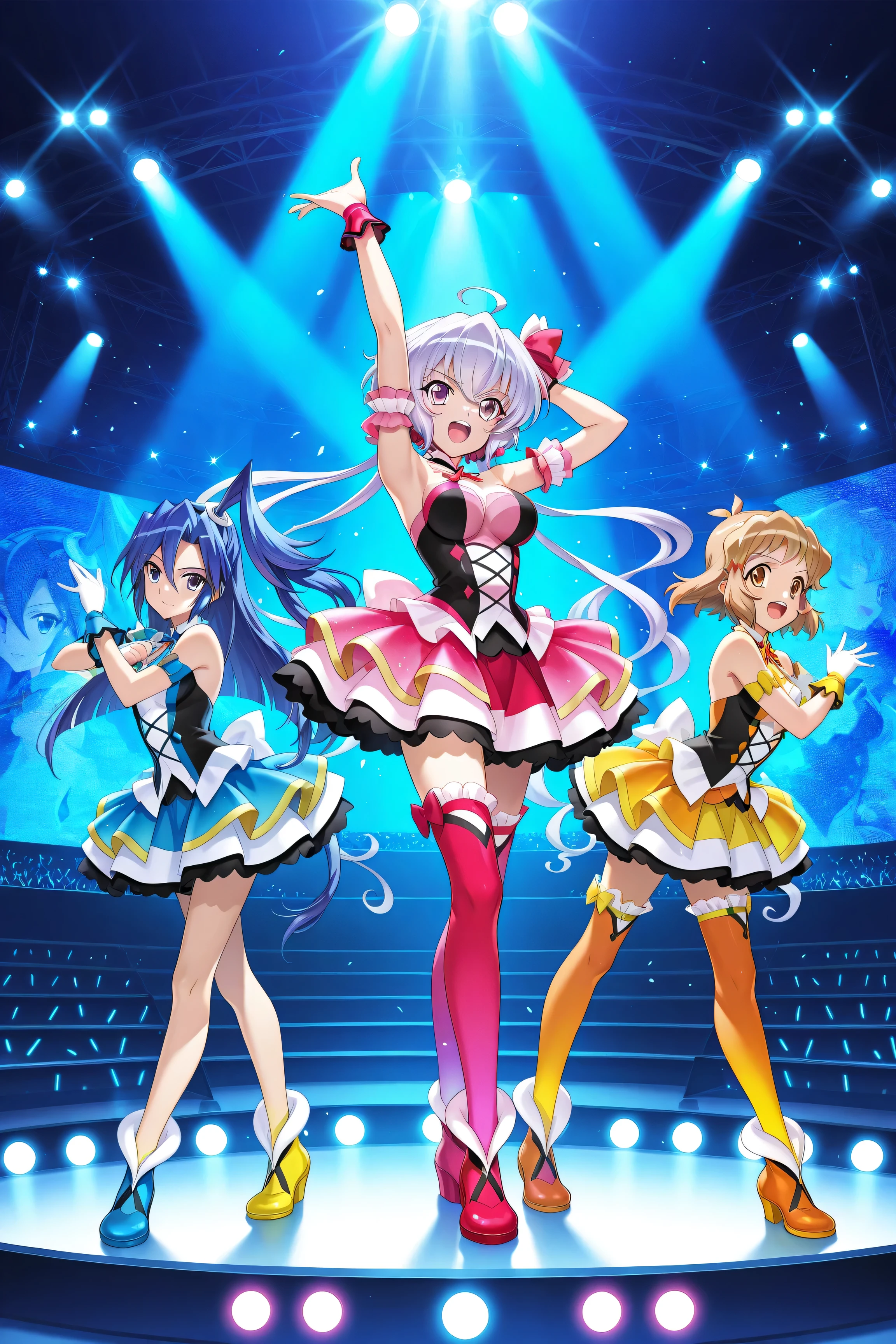 Dynamic Angle, ((((Detailed eyes and detailed face: 1.2)))))), (((Perfect human hand, super detailed human 5 fingers)))), ((Perfect human foot)), Upper body, 1 or 2 girls, Smile, Wolf ears, Wolf tail, Pink eyes, Hair between eyes, (Wink)))), D Cup, cleavage, Striped hair, (Colorful hair color: 1)))))), (( Random hair color: 1))), variegated hairstyle: 1, twin tails, ultra-detailed gradient hair, idol costumes, professional designers, fashion leaders, ruffled dresses, love live, jewelry, backstage, best stage, climax, professional stage, (((holding the microphone in your left hand and singing emotionally, overflowing emotions, best smile))), singer, vocalist: 1, Idol, Diva, Professional Stage, Professional Lighting, Live Lighting, Distraction, Fan Service: 1, (((Satellite photo seen from the audience))), ((((Panchira, cute panties))))