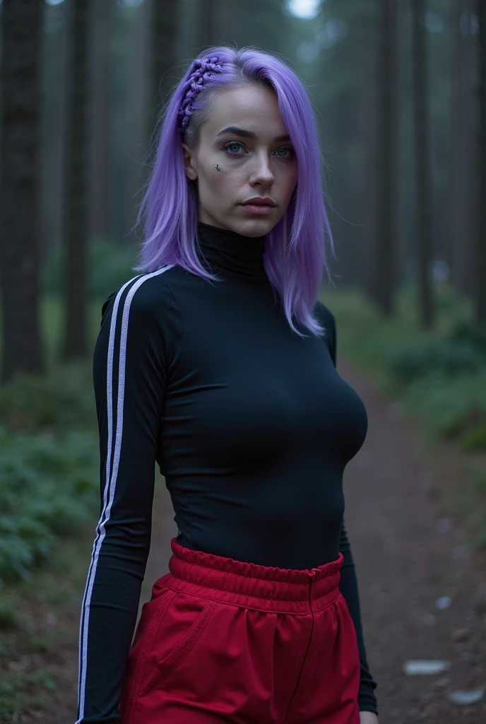 girl, idol, outside, snow, forest, finland, full body, collarbone, neck tattoo, belly tattoo, photo, film, depth of field, skin texture, topknot, short hair, messy hair, purple hair, tattoos, openlegs. pussy. breasts, winter wonderland, sunrise, nature, jacket