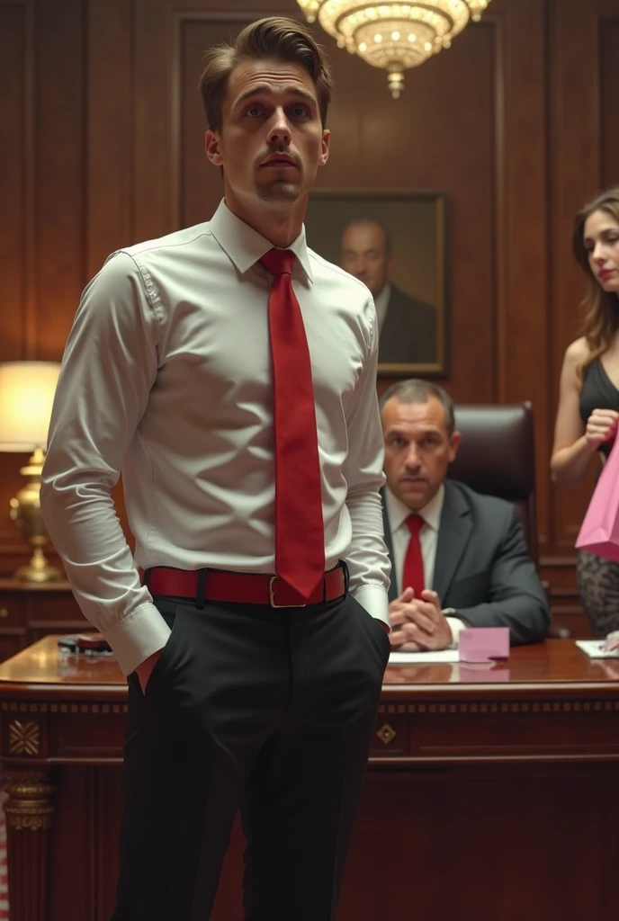 A young naked slim Japanese boy surrounded by older Asian men aged 40，Hidetoshi Nakata，（Kogoro Mouri 1.3），Crotch contour elevation，Thick body hair，office room，Two men in suits stood，Shirtless，Sexy red briefs，fortitude，k hd，with mustache，black long socks，Thick chest hair，