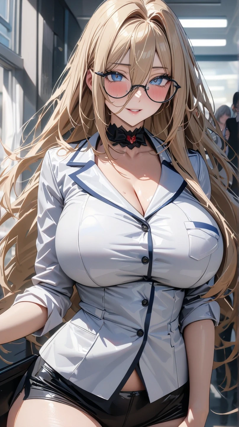 (highest quality: 1.2, Highly detailed, Latest, Vibrant, Super detail, Ultra-high resolution, High contrast, masterpiece: 1.2, highest quality, Best aesthetics, aya:0.9), alone, (1 woman), /( teacher/ ), (teacher), long hair, blonde hair, (red eyes: 1.3), long hair with brown highlights, thighs, skirt, sexy, cleavage, painted nails, belt, thighs with tights, glasses, classroom, shake hands welcome, pink lips, heels, red dress, sexy thigh, detailed leg, dynamic angle, random pause, highly detailed face and skin texture, cowboy shot,una pierna lebantada