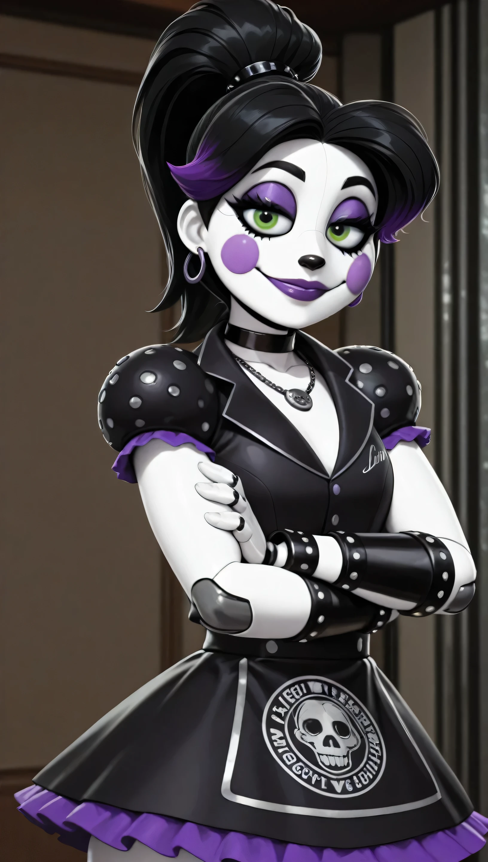 1 girl, pixar style, stop motion character, looking at the viewer, side view, very beautiful, perfect, black dress, beautiful woman, gorgeous woman, very pretty, seen from profile, a beautiful porcelain robot girl, big eyes with big black eyeliner and big eyelashes, wears slightly understated purple lipstick, black hair with purple earrings and a ponytail hairstyle, purple dress with purple stars, amazing shape, robotic necklace around her neck, black bracelet, purple frilled skirt, green eyes, hair with violet gradient at the tips, dress with black studded shoulder pads, black nose, black makeup, gothic, beautiful robot woman, purple eyeliner, big eyebrows, slim face, black elbow-length gloves, perfect hands, nice body, good anatomy, slightly in profile, beautiful picture, flat colors, black shoulder pads, in a black metal bar, gothic black skirt, robotic hands, robotic joints, studded shoulders, studded bracelets, studded hair clip, details silver, silver trim, strong, wide robotic body, crossed arms, purple cheeks, violet cheeks, adult robot, black waitress shirt, black outfit, upper body, broad shoulders, wide hips, skirt with a skull symbol in the center, Light smile, eyebrows lowered with eyes half closed in a smug gesture, goth woman, luminescence in the dark
