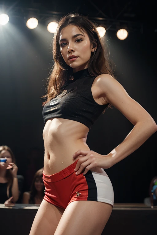 ((masterpiece, best quality)), Dark-haired Greek female wrestler with tied hairbun, in red black and gold velour ornate bra, red black and gold velour high cut trunks, red and black velour arm sleeves, black half-gloves with gold studs, red and black velour leggings with gold studs, wearing makeup and lipstick, photo realistic, intricate details