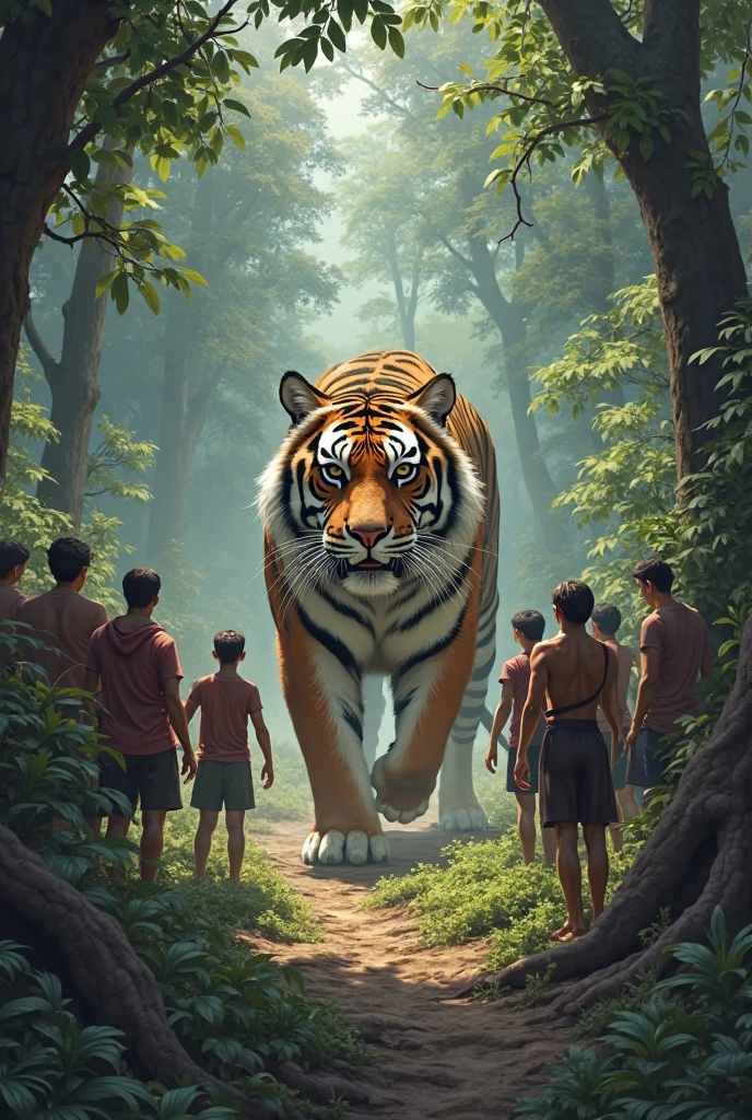 Create an illustration of a mangrove forest include breathing roots with a Bengal tiger, crocodile and local people living their lives. Include a clear, bold slogan at the top: "Protect Sundarbans, Save Lives." The scene should show the lush greenery of the mangroves and the tiger in its natural habitat, while people engage in traditional activities like fishing or farming.