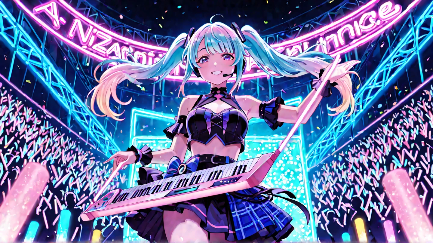 A solo shot featuring neptune non cpu a DJ, showcasing her skills on the turntables at a vibrant rave.