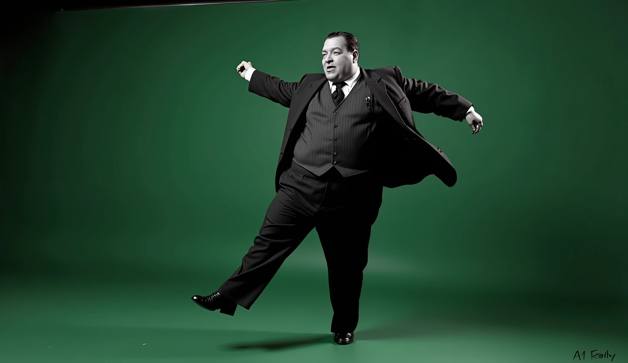"a 1940s gangster scene, In black and white ultra-realistic it is day , anos 40, estilo noir. SLIGHTLY OVERWEIGHT MAN singing and dancing on green background "