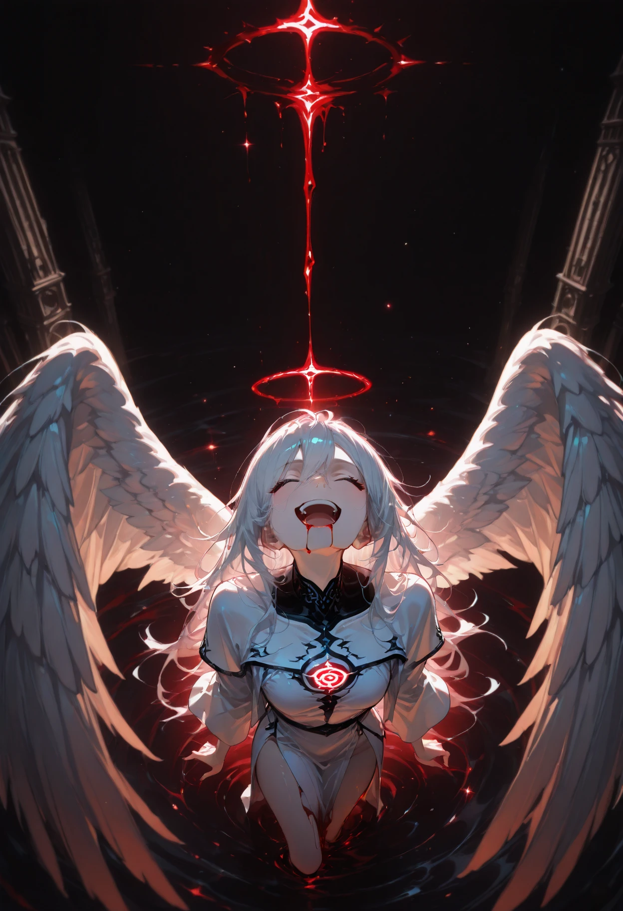 An anime character with a white outfit with long white hair and fiery eyes with crosses on her chest