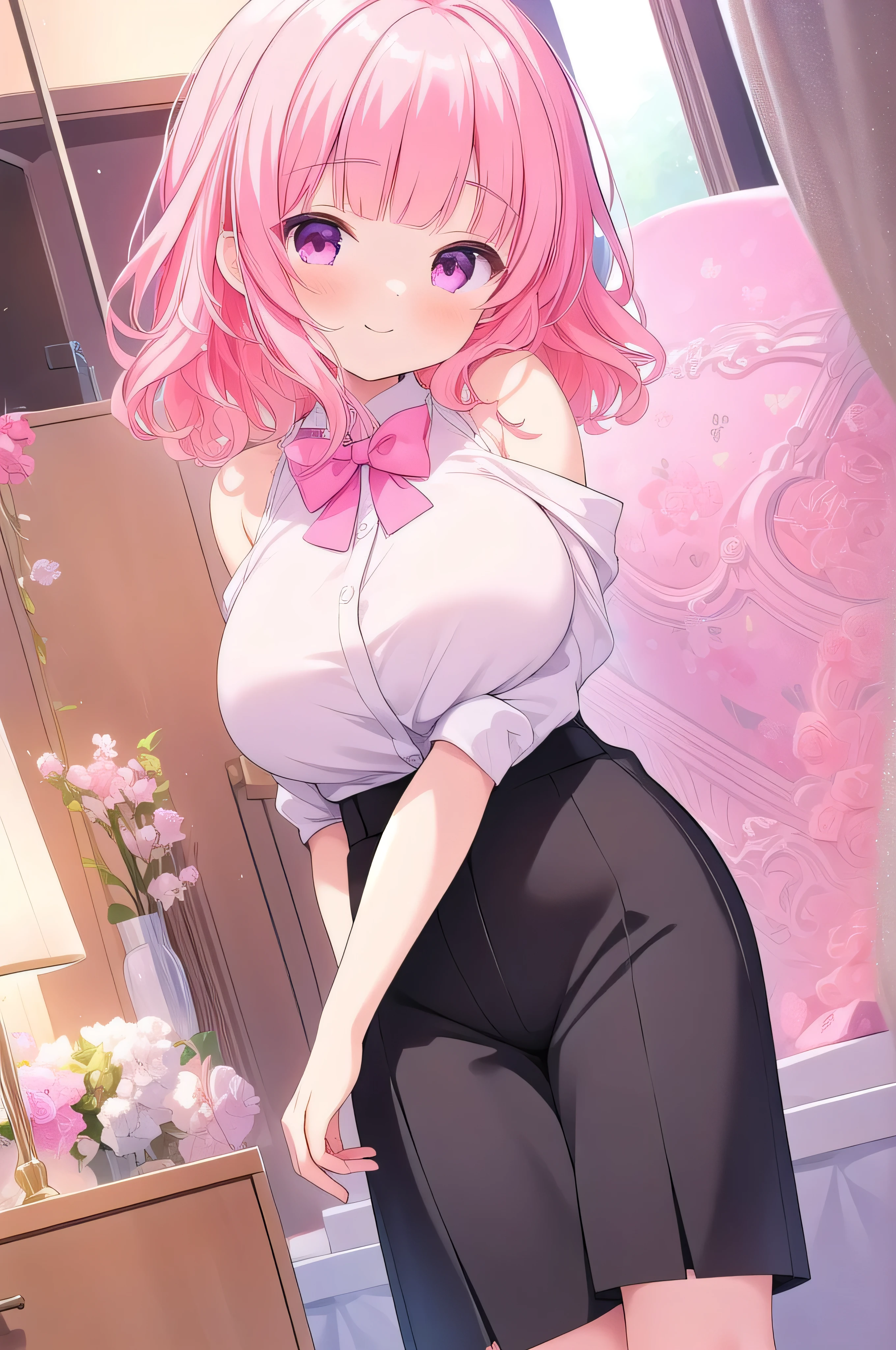 (masterpiece, best quality), highly detailed background, perfect lightingbest quality, nittamoeka, solo, indoors, pink hair, hair bow, pink bow, curly hair, short hair, purple eyes, pink eyes, large breasts, white shirt, black short pants, smile, tall adults, beautiful, fully shoulders, on store, sexy, sleeping floor,